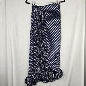 J Crew Chiffon Cascading Ruffle Navy Blue Polka Dot‎ Maxi Skirt Women's Size 00